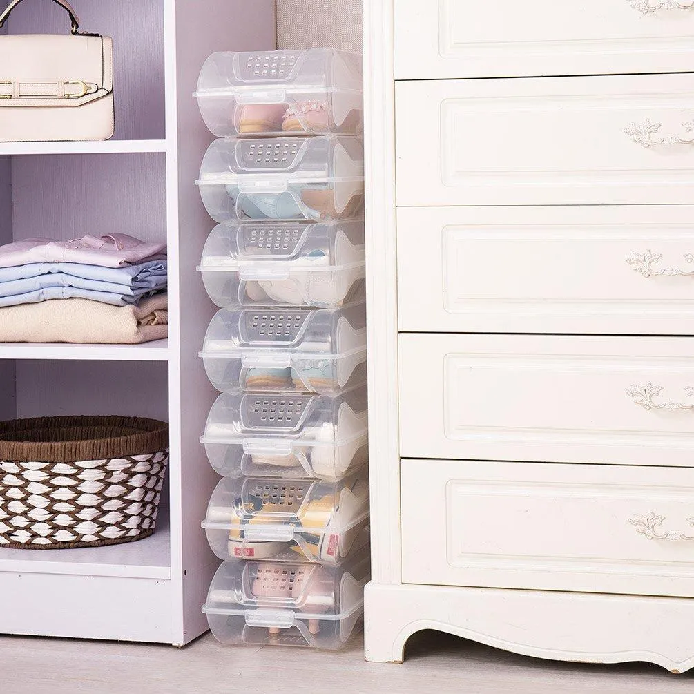 BAOYOUNI Clear Shoe Box Closet Corner Storage Case Holder Dust-Proof Breathable Organizer Saving Space Stackable with Lid for Flats, Athletic Shoes, Sandals, Heels, Sneakers (Pack of 5)