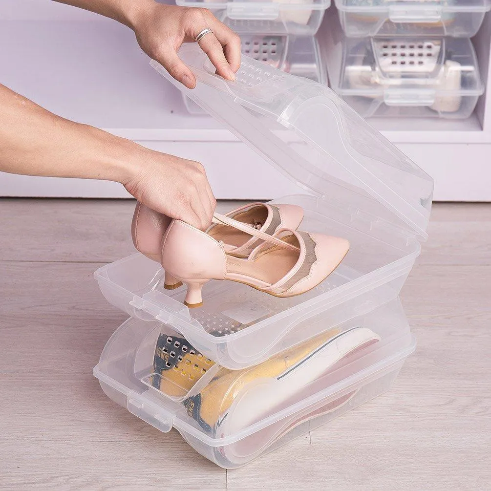 BAOYOUNI Clear Shoe Box Closet Corner Storage Case Holder Dust-Proof Breathable Organizer Saving Space Stackable with Lid for Flats, Athletic Shoes, Sandals, Heels, Sneakers (Pack of 5)