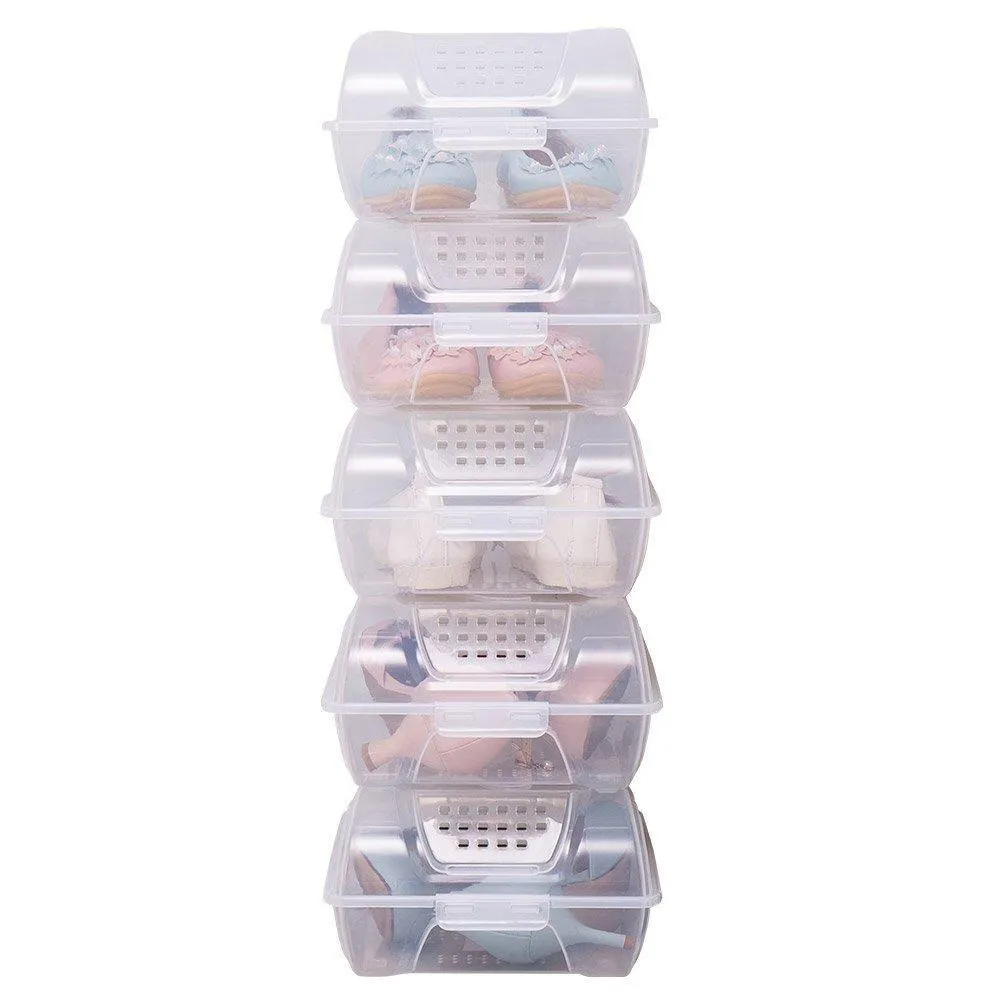 BAOYOUNI Clear Shoe Box Closet Corner Storage Case Holder Dust-Proof Breathable Organizer Saving Space Stackable with Lid for Flats, Athletic Shoes, Sandals, Heels, Sneakers (Pack of 5)