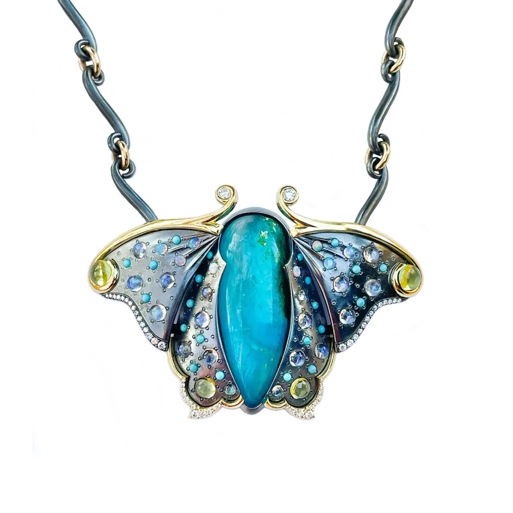 Butterfly Pendant with Gem Silica, Moonstone, Peridot, Opal, Turquoise and Diamond