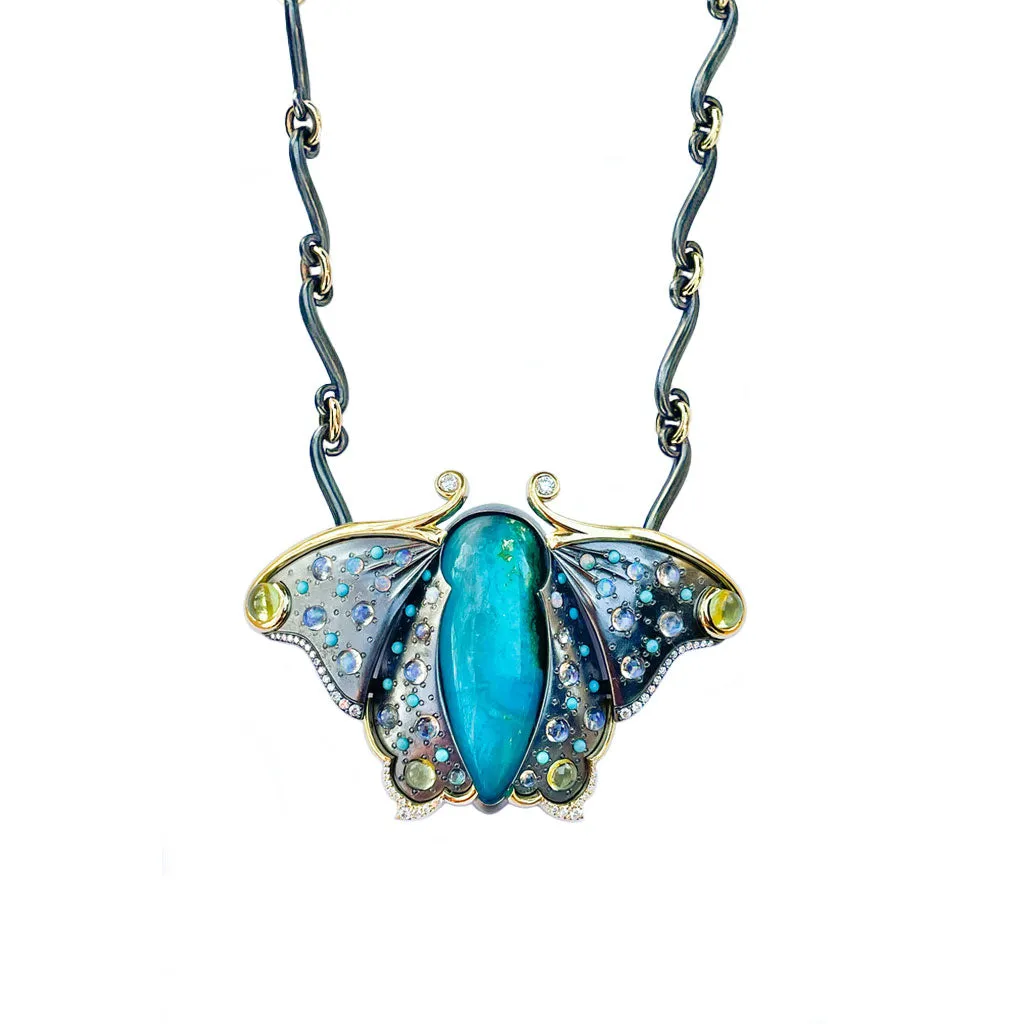Butterfly Pendant with Gem Silica, Moonstone, Peridot, Opal, Turquoise and Diamond