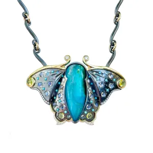 Butterfly Pendant with Gem Silica, Moonstone, Peridot, Opal, Turquoise and Diamond
