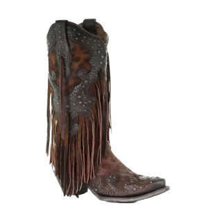 Corral Ladies Patricia Honey Goat Leopard Fringe & Studs Boots A3618
