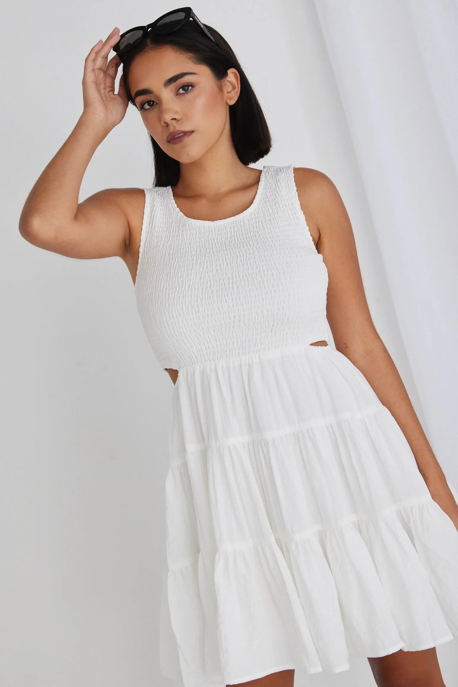 Harley White Sleeveless Waist Cut Out Tiered Mini Dress