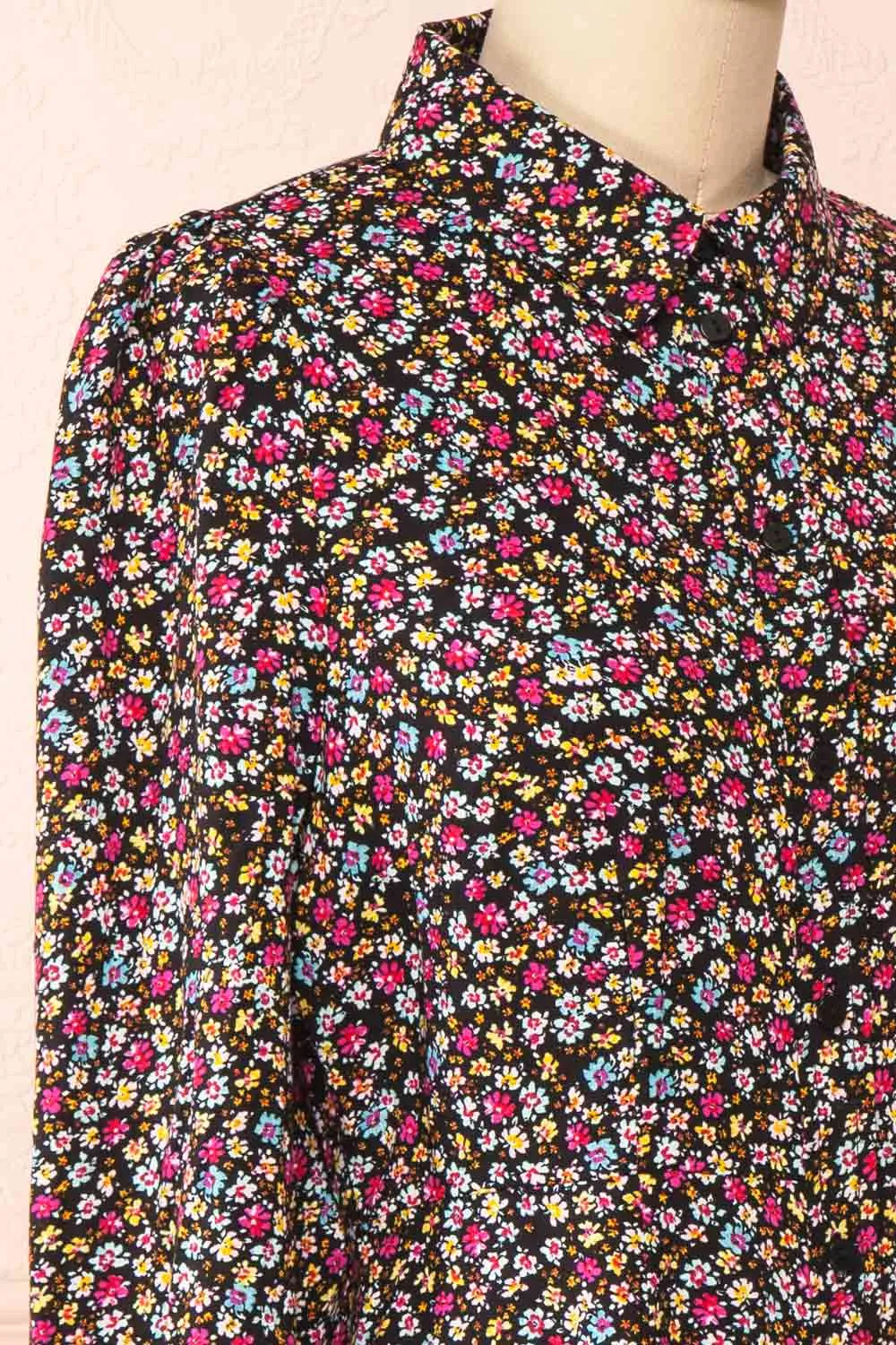 Hitomi | Short Floral Pattern Button-Up Dress