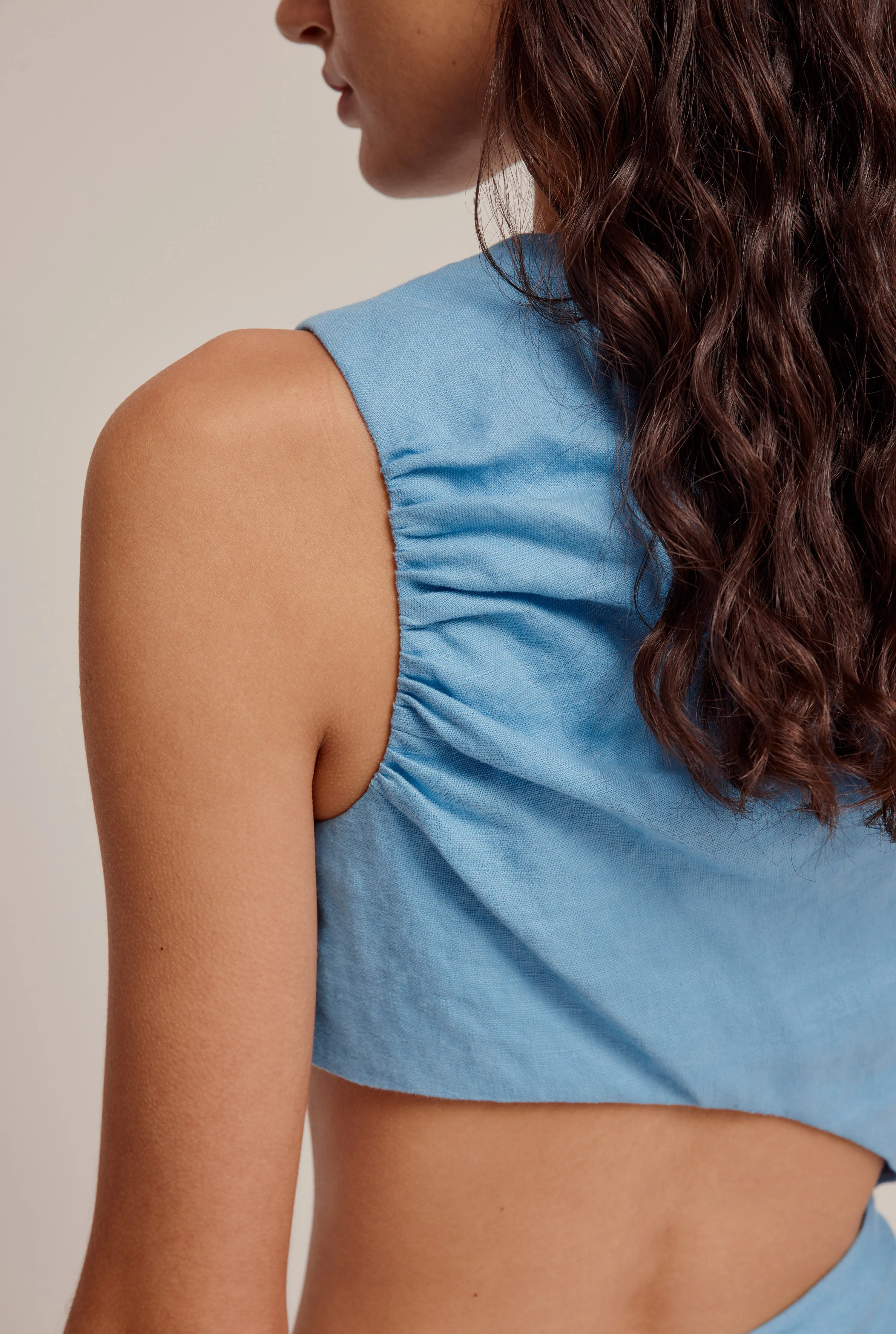 Linen Cut Out Dress - Bright Blue