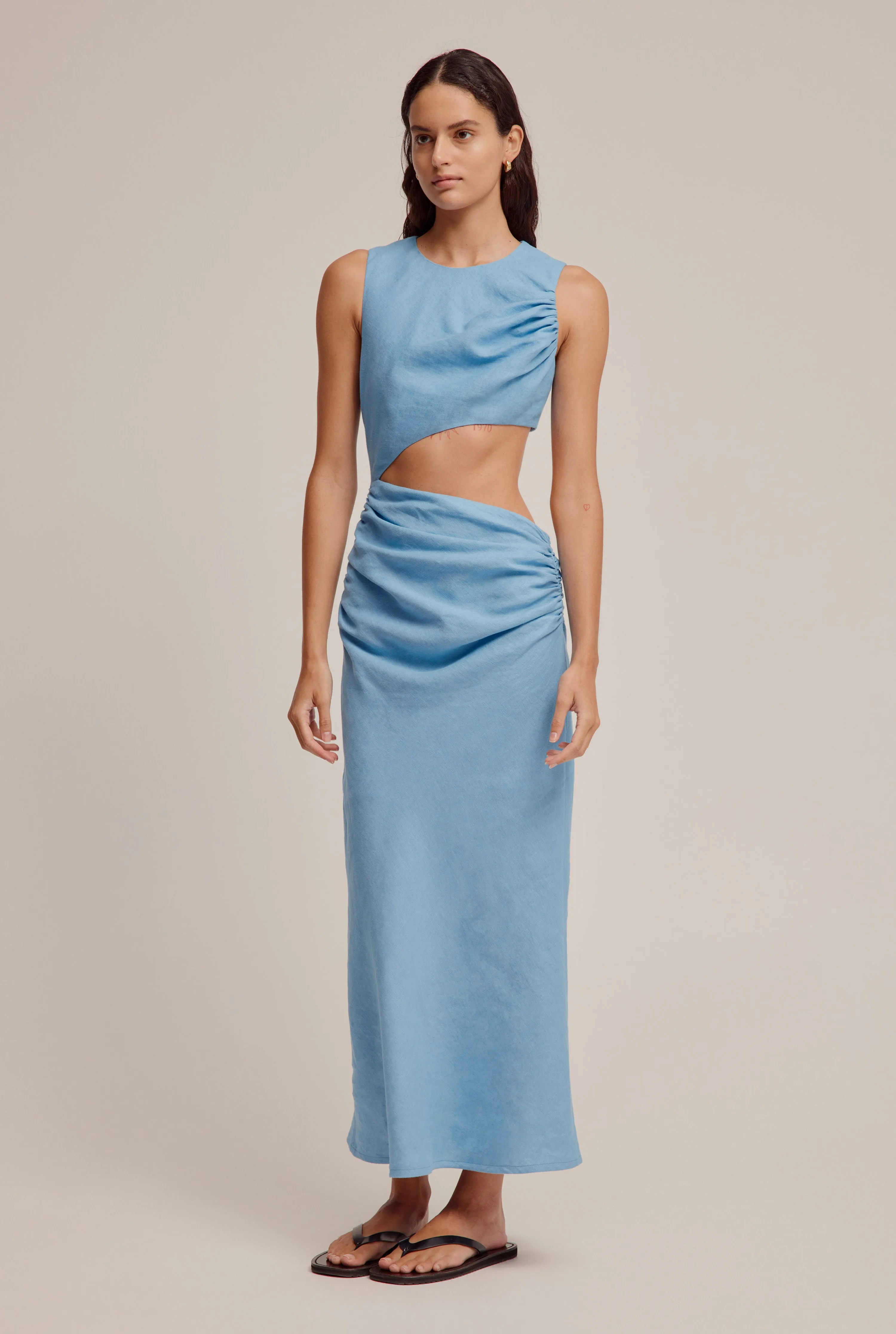 Linen Cut Out Dress - Bright Blue