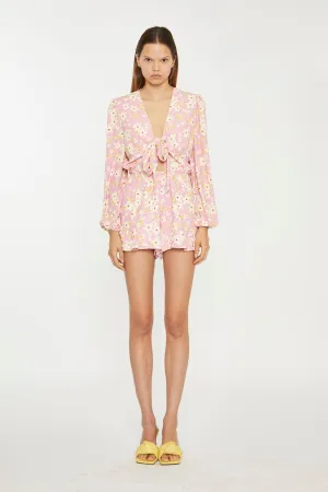 Pink-Olive-Yellow-Flower Tie-Front Plunge Playsuit