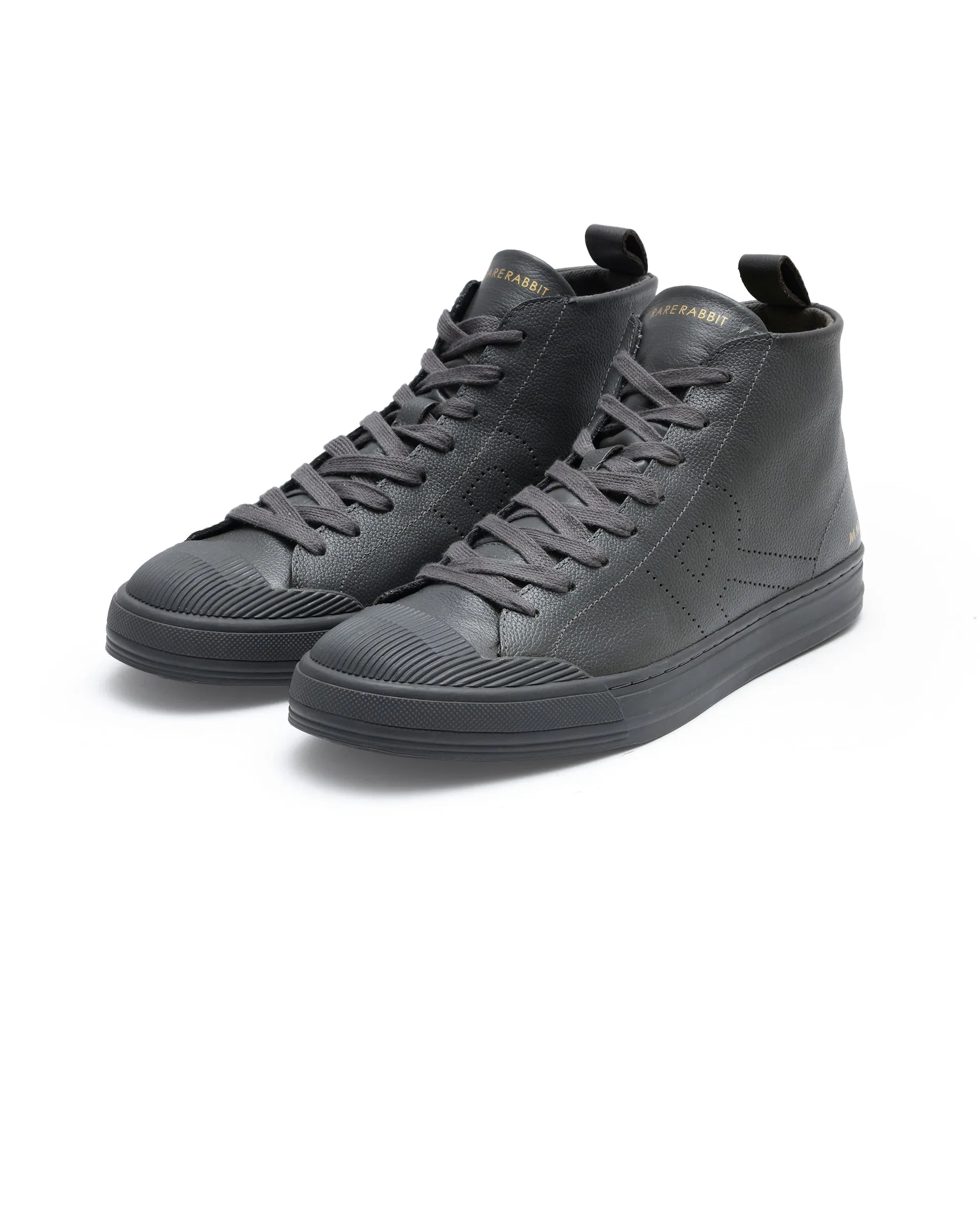 Rare Rabbit Mens Sauron Hi Pro Dark Grey Premium Milled Leather Lace Up High Top Round Toe Sneaker Shoes