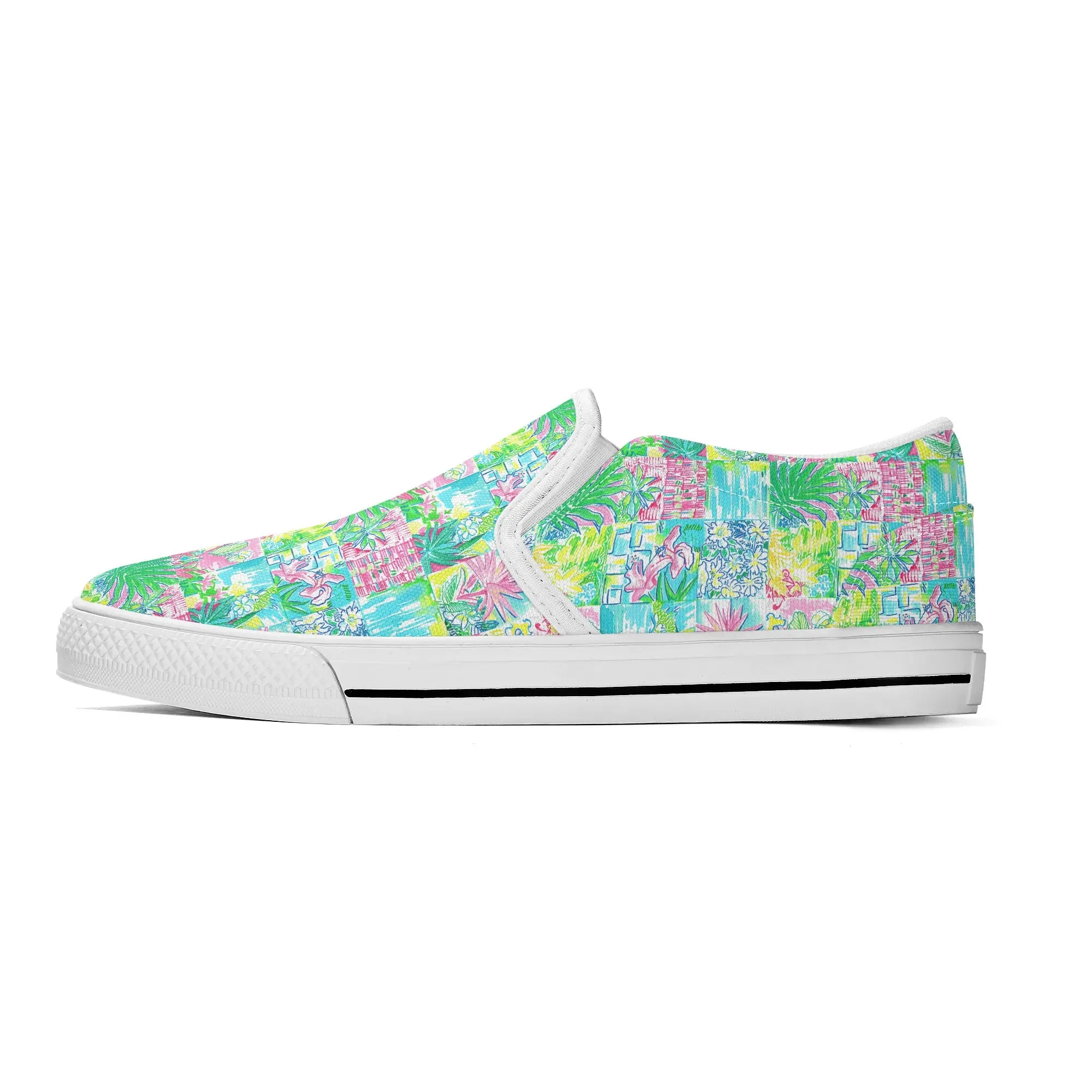 Whimsical Palm Trees and Flowers in Vibrant Pink, Teal, and Green Collage Print Womens Canvas Slip On Shoes US5-US12
