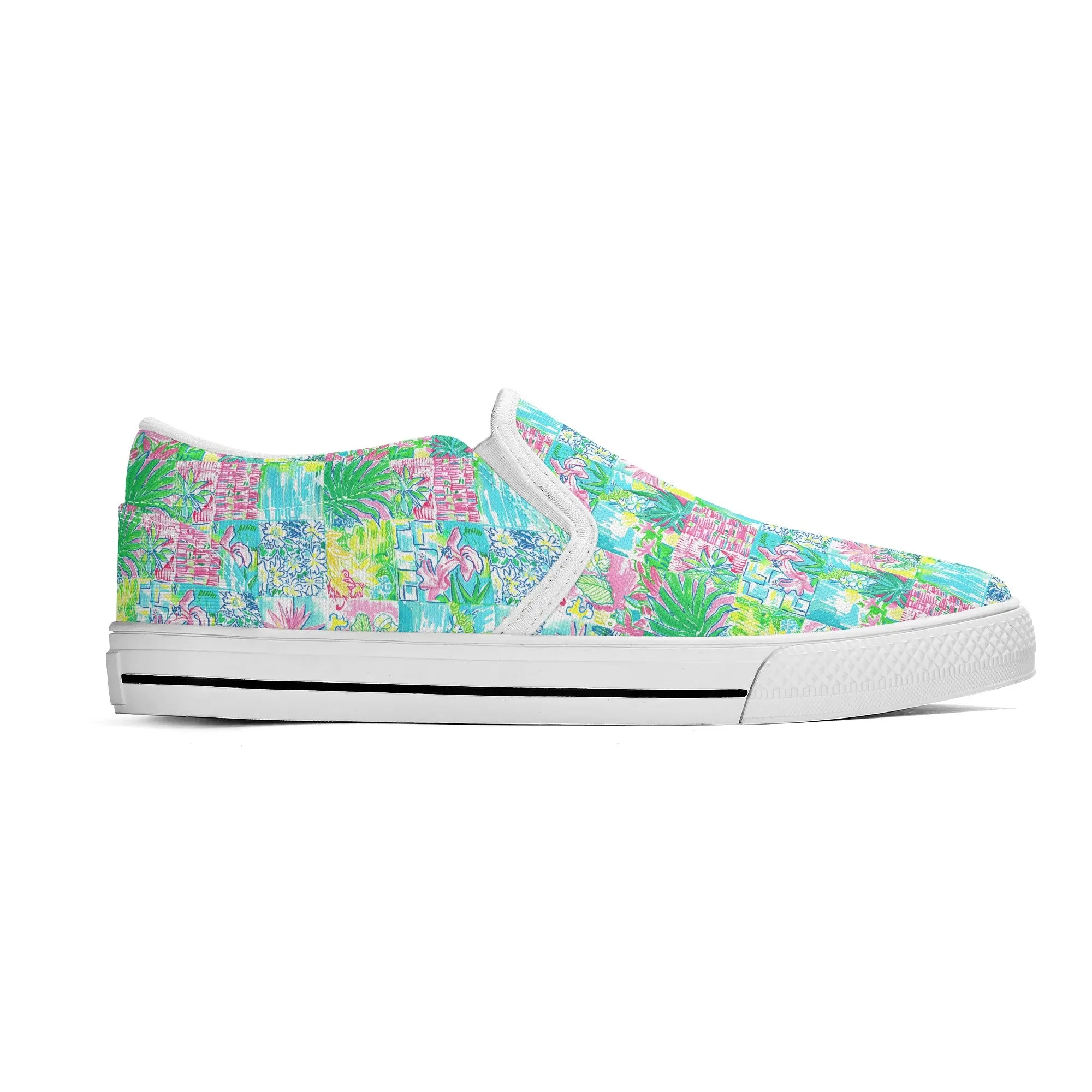 Whimsical Palm Trees and Flowers in Vibrant Pink, Teal, and Green Collage Print Womens Canvas Slip On Shoes US5-US12