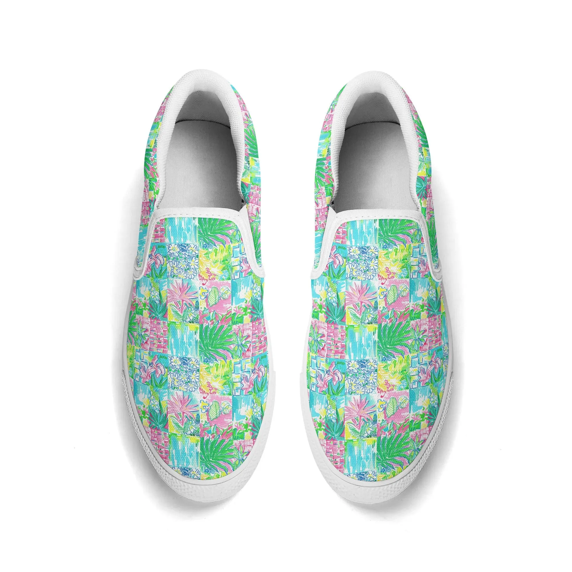 Whimsical Palm Trees and Flowers in Vibrant Pink, Teal, and Green Collage Print Womens Canvas Slip On Shoes US5-US12