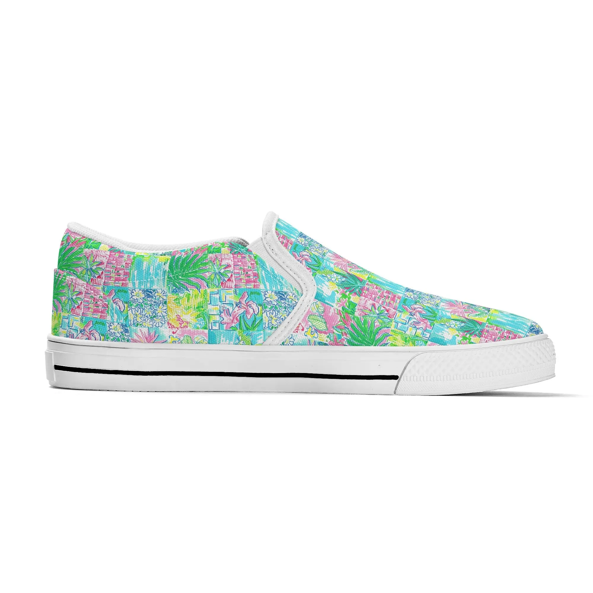 Whimsical Palm Trees and Flowers in Vibrant Pink, Teal, and Green Collage Print Womens Canvas Slip On Shoes US5-US12