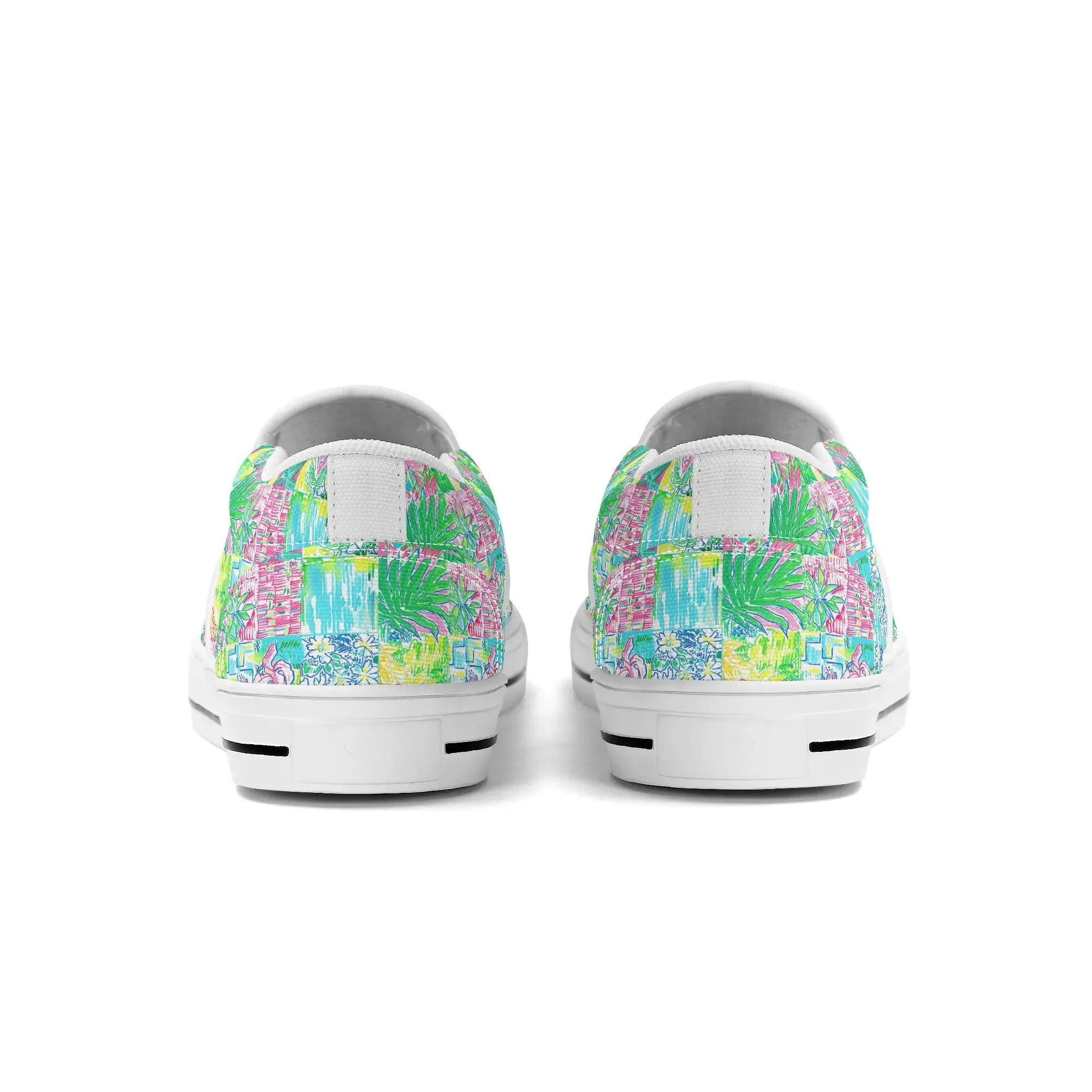 Whimsical Palm Trees and Flowers in Vibrant Pink, Teal, and Green Collage Print Womens Canvas Slip On Shoes US5-US12