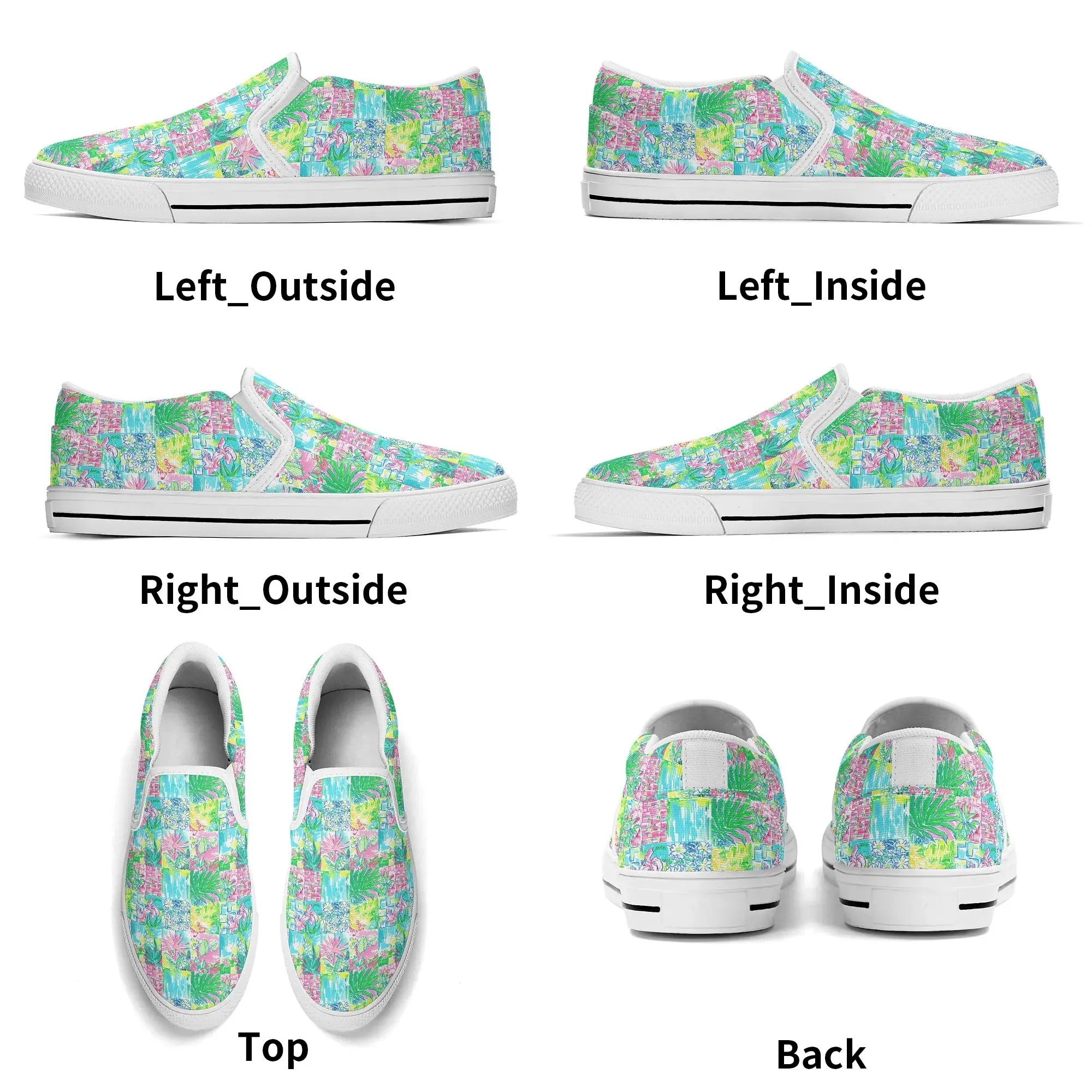 Whimsical Palm Trees and Flowers in Vibrant Pink, Teal, and Green Collage Print Womens Canvas Slip On Shoes US5-US12