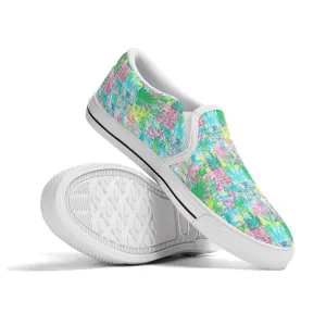 Whimsical Palm Trees and Flowers in Vibrant Pink, Teal, and Green Collage Print Womens Canvas Slip On Shoes US5-US12