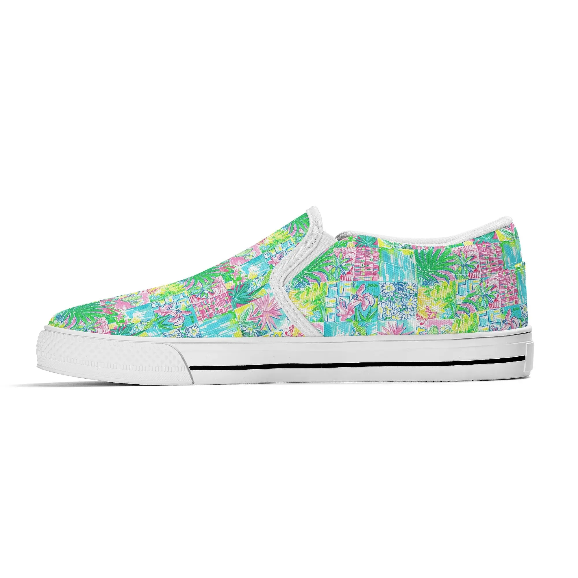 Whimsical Palm Trees and Flowers in Vibrant Pink, Teal, and Green Collage Print Womens Canvas Slip On Shoes US5-US12