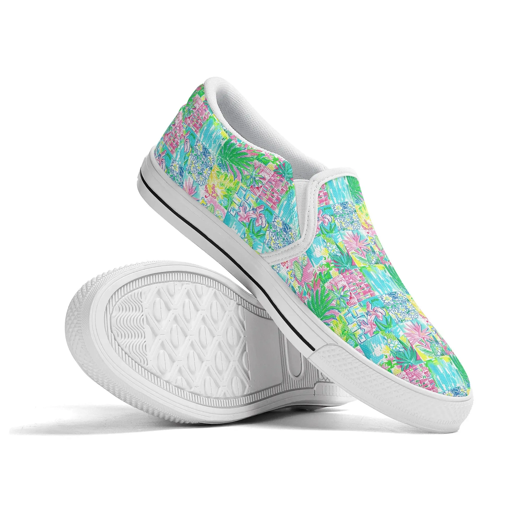 Whimsical Palm Trees and Flowers in Vibrant Pink, Teal, and Green Collage Print Womens Canvas Slip On Shoes US5-US12