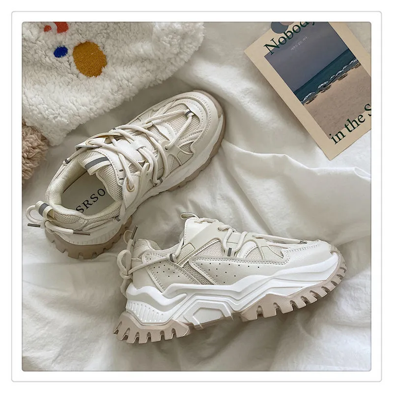 Women Sneakers Fashion Mesh Chunky Girls Casual  Spring Reflective Comfortable Thick Sole White Dad Flats Platform Shoes