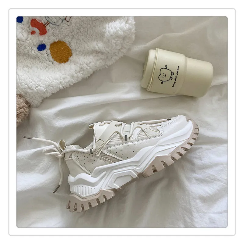 Women Sneakers Fashion Mesh Chunky Girls Casual  Spring Reflective Comfortable Thick Sole White Dad Flats Platform Shoes