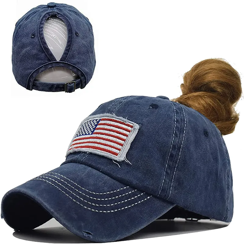 Women's Ponytail Baseball Hat - Distressed-American-Flag
