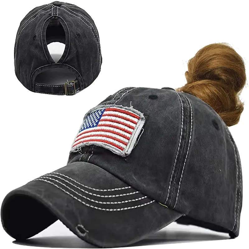 Women's Ponytail Baseball Hat - Distressed-American-Flag