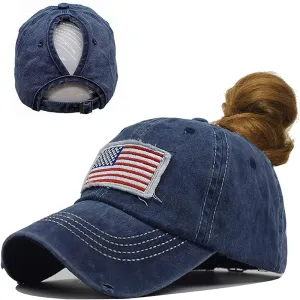 Women's Ponytail Baseball Hat - Distressed-American-Flag