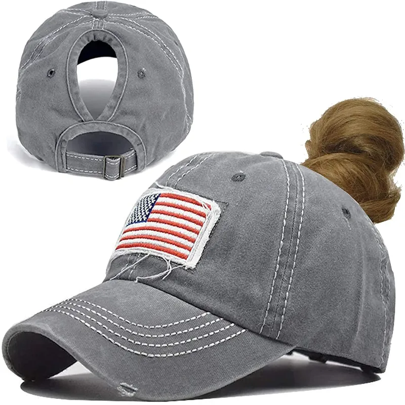 Women's Ponytail Baseball Hat - Distressed-American-Flag