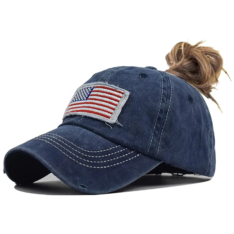 Women's Ponytail Baseball Hat - Distressed-American-Flag