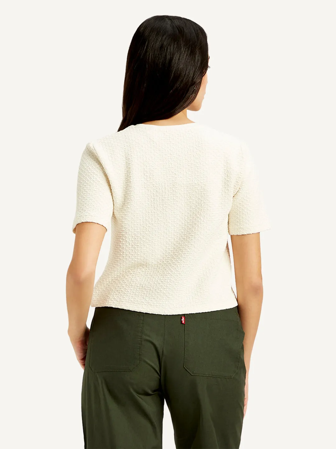 Women's Textured Off-White Crew Neck Top