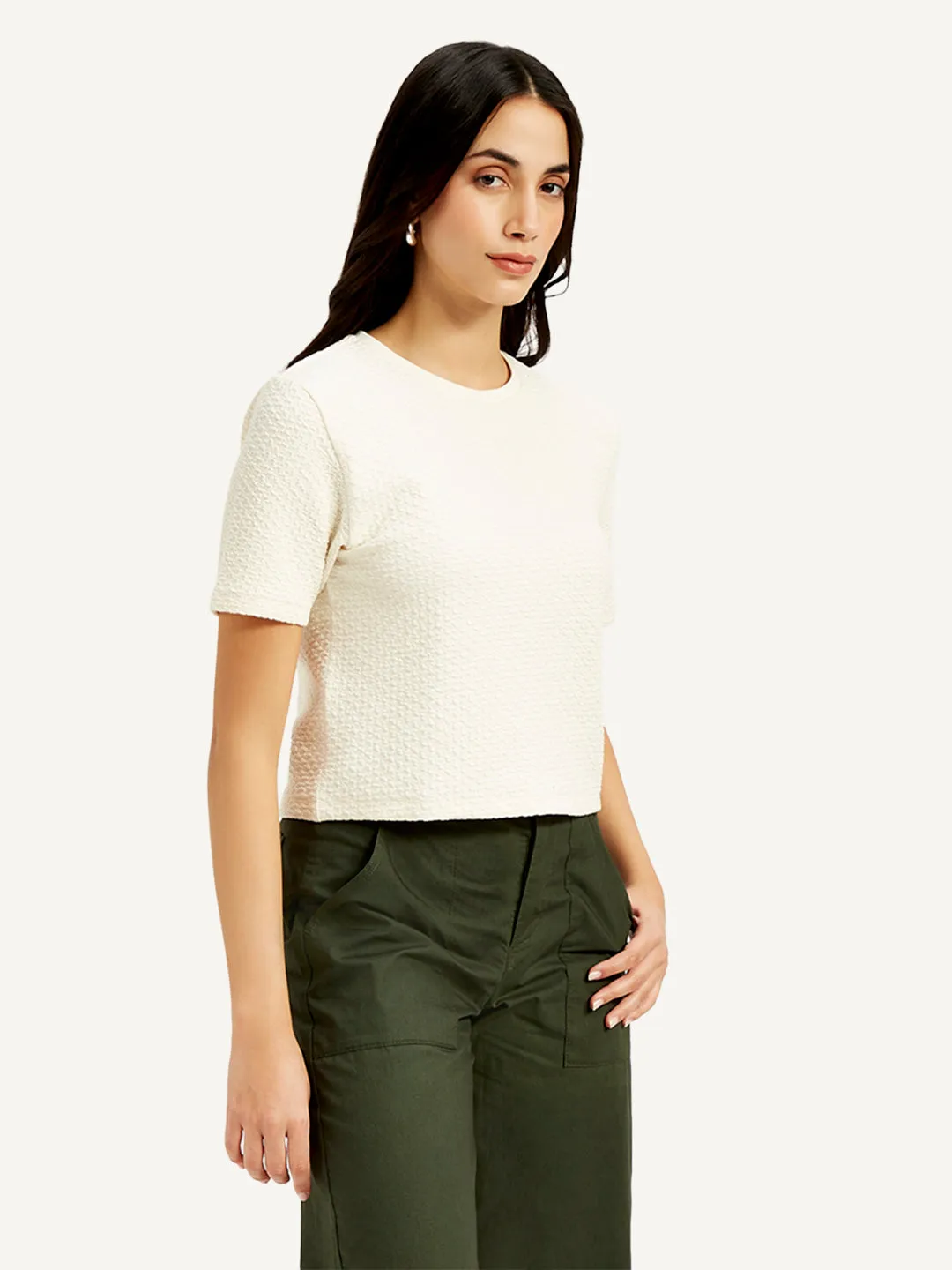 Women's Textured Off-White Crew Neck Top