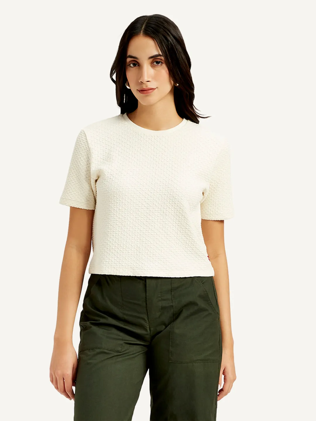 Women's Textured Off-White Crew Neck Top